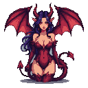 A succubus with dark purple hair, crimson wings, horns, and a barbed tail, kneeling in a revealing crimson outfit.