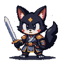 Black cat-like warrior in ornate blue and gold armor, holding a gleaming sword.