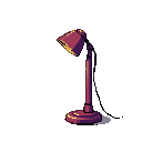 A deep purple desk lamp with a golden glow stands in a dark, pixelated void.