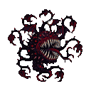 Grotesque, amorphous entity in deep purples and blacks with crimson specks, a gaping maw with needle-like teeth, writhing tendrils, and scattered eye-like shapes.