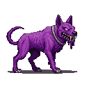 Menacing, gaunt purple dog-like creature with bared teeth and piercing eyes, wearing a metallic collar, side view.