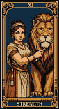 Pixel Art: woman groomin lion classic tarot "strength" card