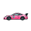 Vibrant pink racing car with a prominent rear spoiler and "97" decal, shown in side profile against a black background.