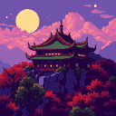 A multi-tiered pagoda with a green roof and red accents sits on a rocky outcrop surrounded by red foliage, under a large pale yellow moon in a twilight sky with lavender and rose-pink clouds.