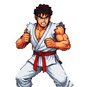 Determined martial artist in a combat stance, white gi ripped at shoulders, red belt, fierce expression, pixelated rendering.