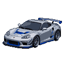 Silver sports car with blue accents and a rear spoiler.