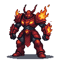 Warrior in molten magma armor with erupting flames and a horned helmet.