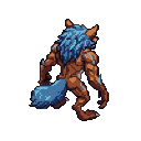 Werewolf with brown fur and electric blue mane and tail, viewed from behind, hunched and ready to attack, looking north-west.
