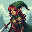 Elven paladin with vibrant red hair and green eyes, wearing a green cloak and golden armor, holding a sword.