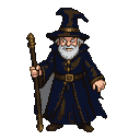 Grizzled wizard with long white beard, wearing a deep blue robe with ornate brown trim and a tall pointed hat. He holds a wooden staff with a golden embellishment.