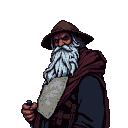 Grizzled cartographer with a white beard, wearing a red cloak and wide-brimmed hat, holding a tattered map.