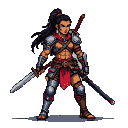 Warrior with a prosthetic metal leg, holding a pistol in their left hand and a sheathed katana on their back, wearing ornate armor and a red sash.