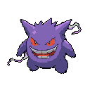 Furious Gengar with piercing red eyes and a wide, toothy grin, purple body crackling with electric energy.