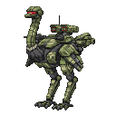 Olive-drab military mech shaped like an ostrich, with glowing red optics and turrets on its back, against a black background.