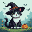 Pixel Art: Gere um gato preto e branco, utilizando chapeu de bruxa e ad...