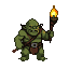 Green-skinned orc holding a burning torch aloft.