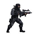 Ninja warrior in tactical gear and black balaclava, gripping an assault rifle with scope and flashlight, full body, side view.