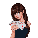 Brunette woman with blue eyes holding a fan of playing cards.