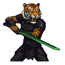 Pixel Art: assasin warrior with tiger head with poison green blade in b...