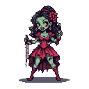 Zombie opera singer with pale green skin, vacant eyes, a ruffled red dress, and red boots, holding a blood-stained knife.