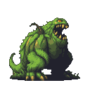 A monstrous, hulking creature resembling a giant pumpkin overgrown with grass and vines, roars with its mouth agape, revealing sharp yellow teeth. Its eyes glow orange, and its muscular limbs are planted firmly on the ground.