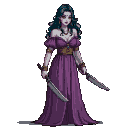 Pixel Art: elve woman holding knife, wearing vivid color dress, full bo...
