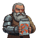 Cybernetically enhanced dwarf with white beard and red optic implant, holding a glass jar of orange shrimp.