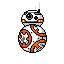BB-8 droid with orange and white markings and a single eye, against a black background.