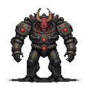 Colossal demonic figure in a dark metallic mech suit with glowing red accents.