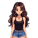 Pixel Art: A teen girl with brown long hair, D cup breast, black tanktop with cross neckless and short pants jeans (generated with AI by Anuquin Seer).