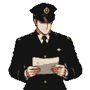 Officer in dark uniform with gold trim and peaked cap reads a document, looking down intently.