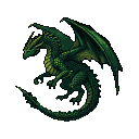 Emerald-scaled wyvern coiled against black, with green to golden scales, reptilian head turned left, piercing gaze, open mouth showing teeth.