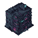 A dark, utilitarian apartment building with pink and teal neon accents and visible pipes, standing in isolation against a void.