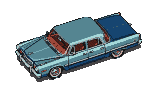 Vintage light blue sedan with a dark blue trunk and a red interior, depicted in a pixel art style.