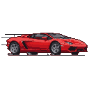 Vibrant red pixel art Lamborghini in motion, with trailing lines against a black background.