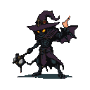 Dark mage with glowing orange eyes, wearing a pointed hat with a golden emblem and a tattered purple cloak, holding a staff with an orb.