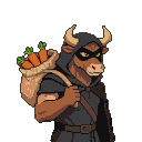 Minotaur in dark hood and black mask carrying a burlap sack overflowing with orange carrots.
