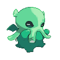 A pale green, tentacled creature with large dark eyes and stubby arms raised to its face, set against a dark green swirling base.