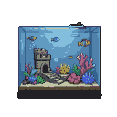 A miniature aquarium with colorful pixelated fish swimming around a weathered castle ruin, surrounded by vibrant coral and rising bubbles.