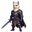 Alpaca-headed warrior in dark, detailed pixelated armor gripping a broadsword.