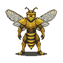 Humanoid bee king in ornate golden armor with spread translucent wings, against a black background.