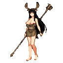 Priestess with long black hair, an antler crown, earth-toned bandeau top, high-slit skirt, and a mace-headed scepter.