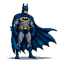 Batman in his blue cowl and cape, with a yellow bat symbol on his grey and blue pixelated costume.