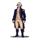 Full body pixel art of George Washington in a Continental Army commander's uniform, standing stoically with a resolute expression.