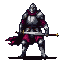 Medieval knight in silver armor and maroon tunic, gripping a broadsword, wearing a skull-like helmet with jaw spikes.