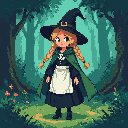 Pixel Art: A young witch in an enchanted forest, wearing a green cloak,...