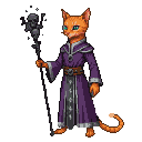Orange tabby cat necromancer in a purple robe with silver trim, holding a dark staff with a shadowy skull vortex.