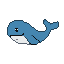 Stylized blue and white pixel whale with a round eye and gentle smile against a black background.