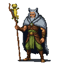 Pixel Art: druid wearing wolf cape is holding gecko staff