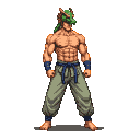 Pixel Art: hero with dragon head cap, muscular body, and karate pants, ...